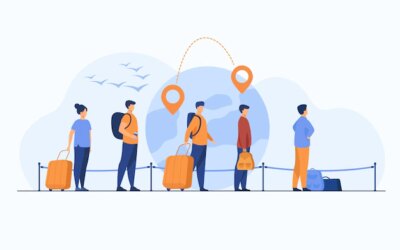 Free Vector | Queue of immigrants standing and holding luggage, waiting departure in airport. group of tourists with globe, map pointers and destination line in background. for travel or immigration concept