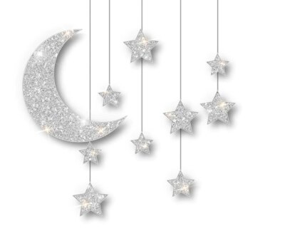 Free Vector | Ramadan silver decoration isolated on white background. hanging crescent islamic glitter stars. ramadan kareem design element isolated. vector frame for party posters, headers, banners.