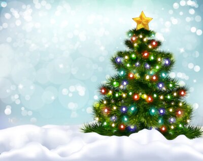 Free Vector | Realistic background with beautiful decorated christmas tree and snow banks
