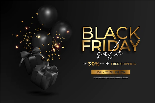 Free Vector | Realistic black friday sale banner with gifts and balloons
