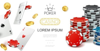 Free Vector | Realistic casino colorful composition with flying playing cards poker chips and gold coins illustration