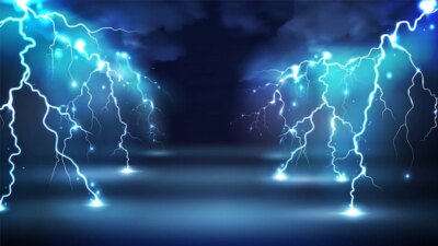 Free Vector | Realistic lightning bolts flashes composition with images of clouds in night sky and radiant glowing lightning strokes