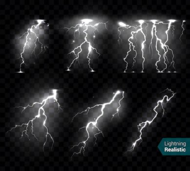 Free Vector | Realistic lightning bolts flashes white images collection of isolated monochromatic thunderbolts on transparent  with text