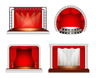 Free Vector | Realistic stages set with four images of empty space stage with red curtains and lighting equipment vector illustration