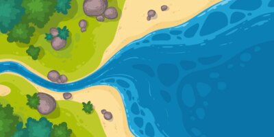Free Vector | River flow into sea or pond top view, cartoon narrow riverbed going to wide water with rocks