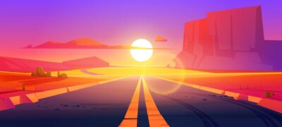 Free Vector | Road in desert sunset scenery landscape with rocks and dry ground. straight empty highway in arizona grand canyon, asphalted way disappear into the distance with dusk sun. cartoon vector illustration