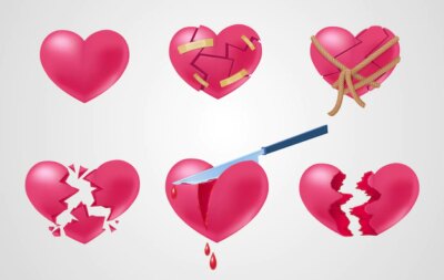 Free Vector | Romantic red elements set with broken stuck shattered cut out torn and roping hearts isolated vector illustration