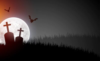 Free Vector | Scary graveyard scene with moon and flying bats
