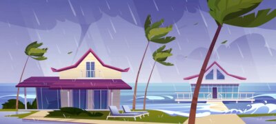 Free Vector | Sea storm with rain and tornado on tropical beach with bungalows and palm trees