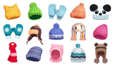 Free Vector | Seasonal winter scarf hats kids set with fifteen isolated images of children wear  illustration