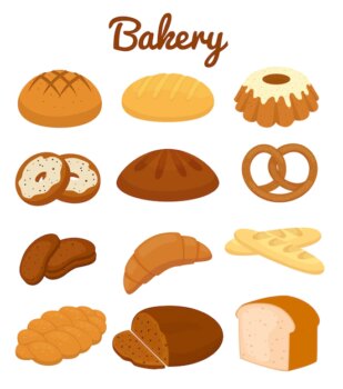 Free Vector | Set of colorful bakery icons depicting pretzels  muffins  loaves of bread
