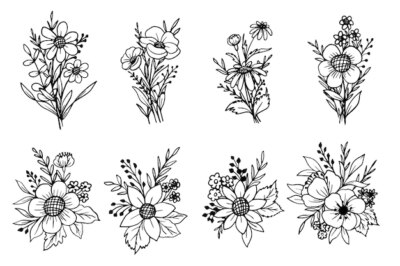 Free Vector | Set of floral arrangement and bouquet doodle line art
