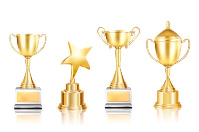 Free Vector | Set of four trophy award realistic images with cups on pedestals with reflections on blank background