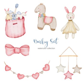 Free Vector | Set of separate parts and bring together to beautiful clothes, baby items and toy in water colors style , watercolor  illustration