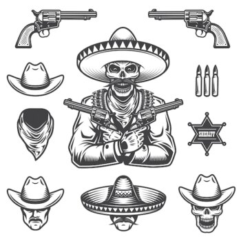Free Vector | Set of sheriff and bandit elements and heads. monochrome style