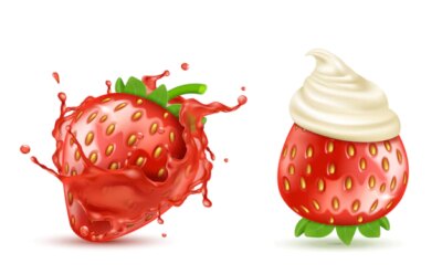 Free Vector | Set of two red ripe strawberries with juicy splash and with whipped cream or icing, isolated