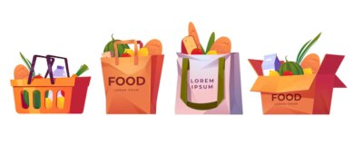 Free Vector | Shopping bags, supermarket basket and box with grocery.