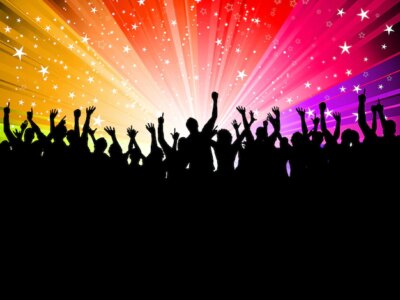 Free Vector | Silhouette of a crowd of party people on a starburst background
