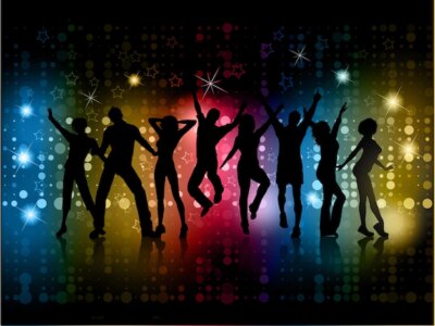 Free Vector | Silhouettes of people dancing on an abstract background with glowing lights and stars