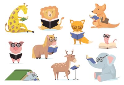 Free Vector | Smart animals in glasses reading books flat set