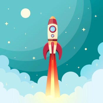 Free Vector | Space rocket flying in space with moon and stars on background print vector illustration
