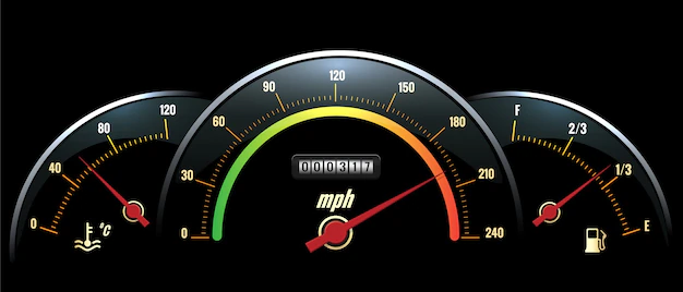 Free Vector | Speedometer panel. black panel temperature reading, speed and fuel with brightly colored scales.