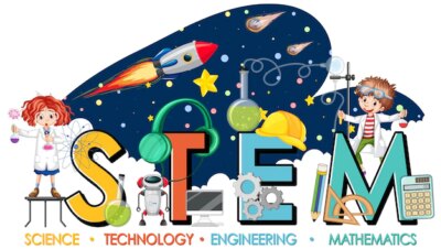 Free Vector | Stem education logo with scientist kids in galaxy theme
