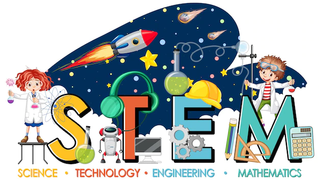 Free Vector | Stem education logo with scientist kids in galaxy theme