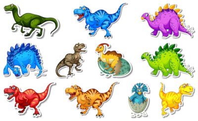 Free Vector | Sticker set with different types of dinosaurs cartoon characters