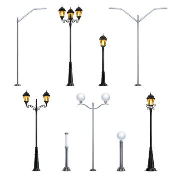 Free Vector | Street lights realistic icon set on white background in different styles for the city  illustration