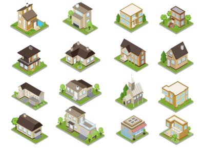 Free Vector | Suburbia buildings icons set with townhouses and church isometric isolated