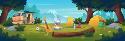 Free Vector | Summer camp at day time. caravan stand at campfire with pot, tent, log, cauldron and guitar on mountain view