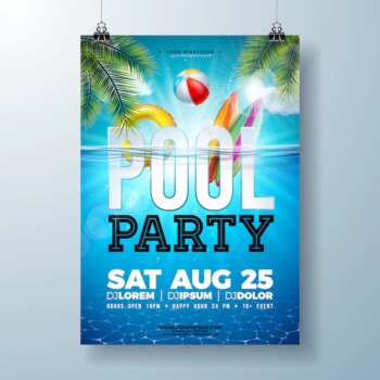 Free Vector | Summer pool party poster or flyer design template with palm leaves and beach ball