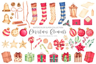 Free Vector | Super collection of watercolor christmas elements