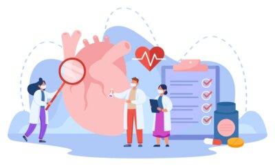 Free Vector | Tiny doctors studying huge human heart. cardiologists examining patient with cardiovascular disease flat vector illustration. health, diagnosis, cardiology concept for banner or landing web page