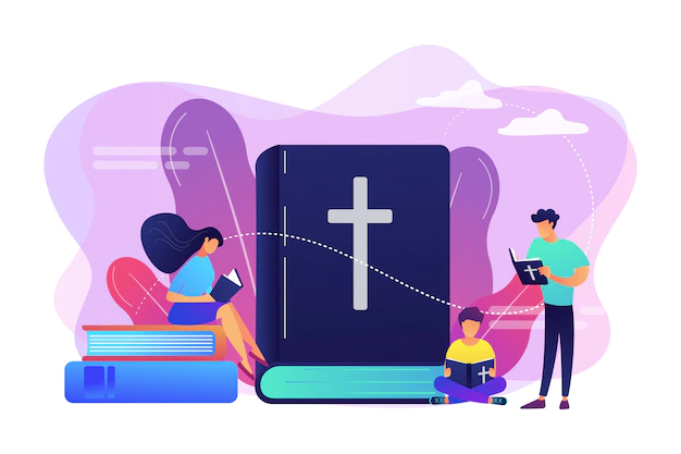 Free Vector | Tiny people christians reading the holy bible and learning about christ. holy bible, sacred holy book, the word of god concept.