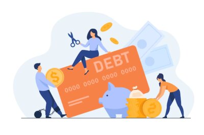 Free Vector | Tiny people in trap of credit card debt flat illustration.