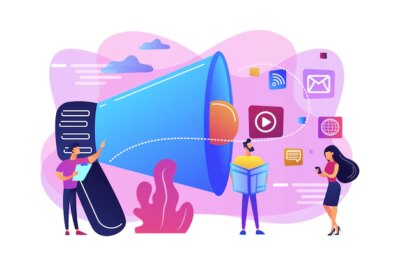 Free Vector | Tiny peple, marketing manager with megaphone and push advertising. push advertising, traditional marketing strategy, interruption marketing concept.