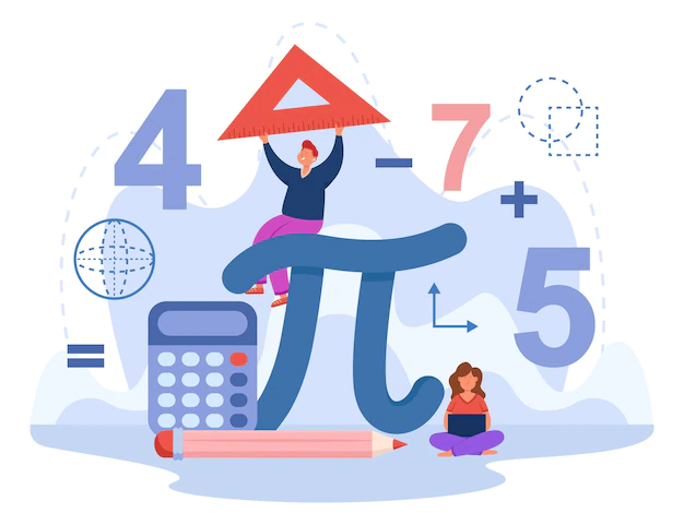 Free Vector | Tiny students with huge sign pi flat vector illustration. boy and girl studying math and algebra at school or college, holding ruler, using laptop. geometric figures in background. education concept