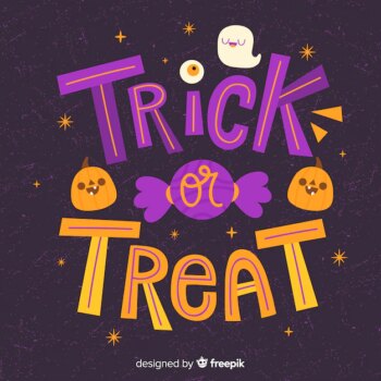 Free Vector | Trick or treat calligraphy pumpkin and candy