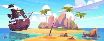 Free Vector | Tropical island with treasure chest and broken pirate ship cartoon sea landscape with sail boat after shipwreck with skull on black sails palm trees and gold coins on uninhabited island