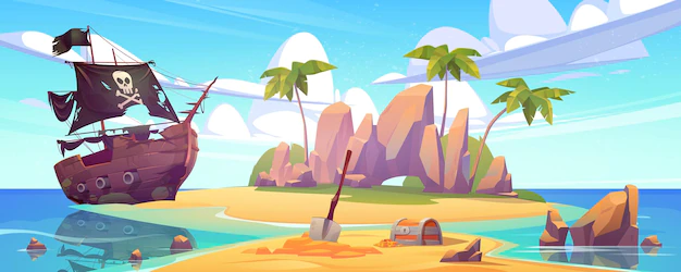 Free Vector | Tropical island with treasure chest and broken pirate ship cartoon sea landscape with sail boat after shipwreck with skull on black sails palm trees and gold coins on uninhabited island