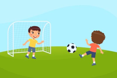 Free Vector | Two little boys play soccer. children play outdoors. concept of summer vacation, sports activity.