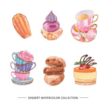 Free Vector | Various isolated watercolor dessert illustration