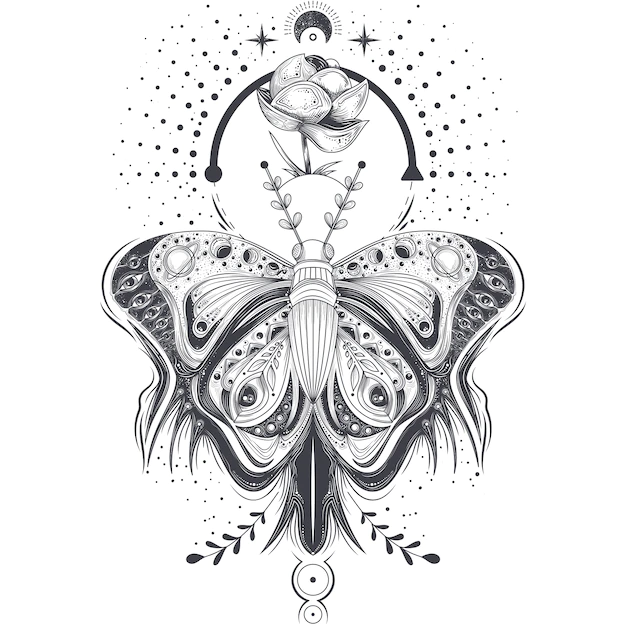 Free Vector | Vector illustration of a sketch, tattoo art butterfly in abstract style, mystical, astrological symbol.