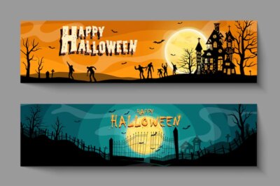 Free Vector | Vector set of halloween party invitations or greeting cards with handwritten calligraphy and traditional symbols.