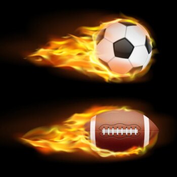 Free Vector | Vector set of sports burning balls, balls for soccer and american football on fire in a realistic style