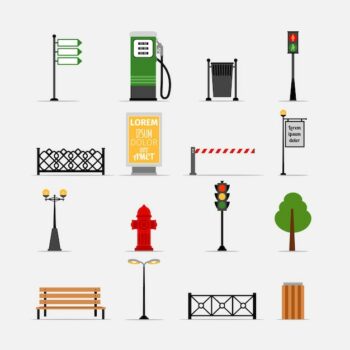 Free Vector | Vector street element set. bench and billboard, hydrant and traffic lights, streetlights and fence