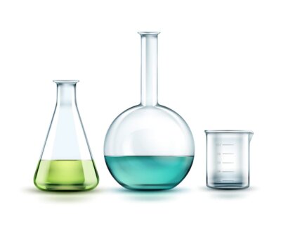 Free Vector | Vector transparent glass chemical flasks full off green, blue liquid and empty beaker isolated on background