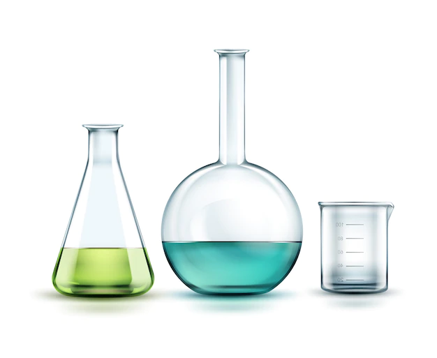 Free Vector | Vector transparent glass chemical flasks full off green, blue liquid and empty beaker isolated on background